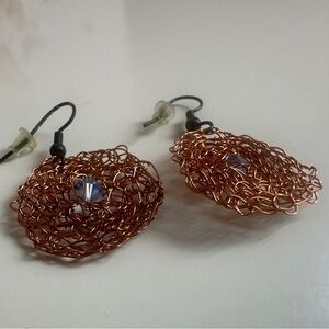 Sterling Silver Dangling Earrings, Copper Blue Earrings Gold and Beaded Hoops